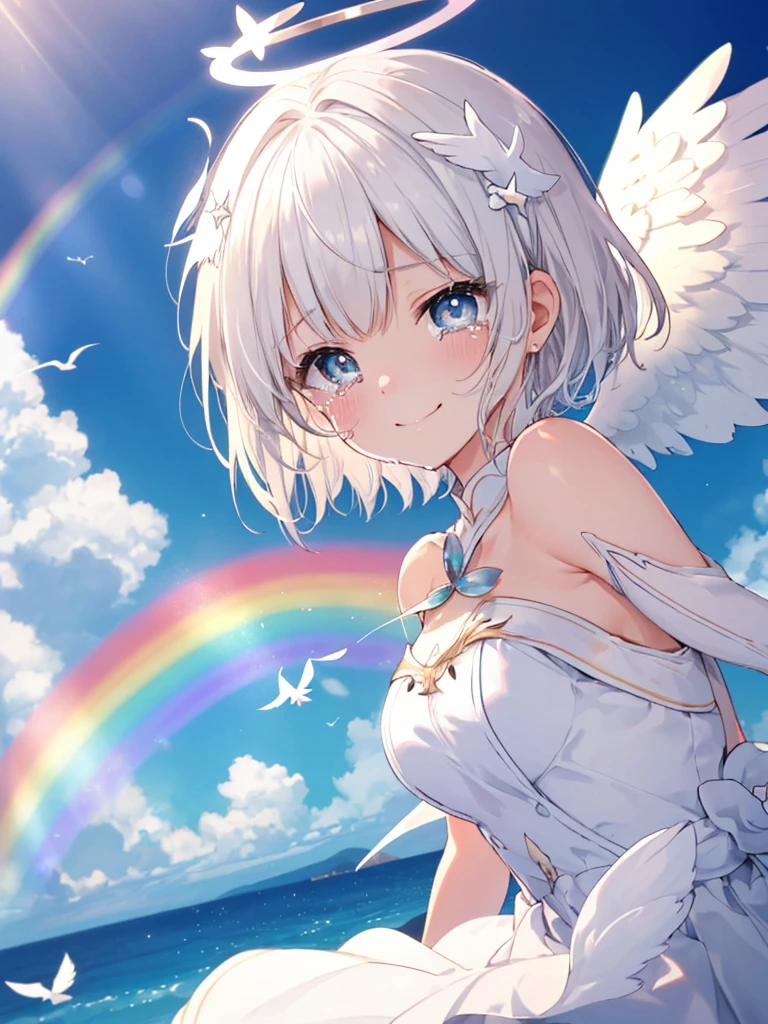 (((Extreme close-up　tears　smile　Low - Angle　Dove of peace　Angel Halo)))　((輝くtears　Rainbow Eyes　Short Hair　Receiving the light　Rainbow light))　(Shining Edge　Pillar of Light)