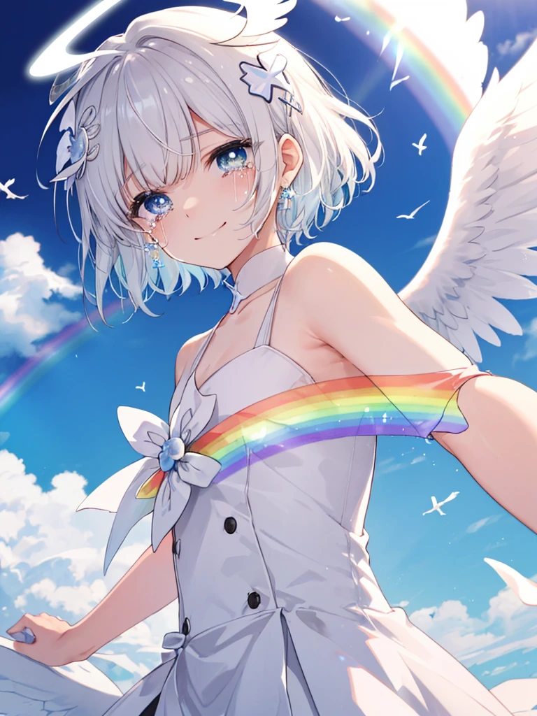 (((Extreme close-up tears smile Low - Angle Dove of peace Angel Halo))) ((輝くtears Rainbow Eyes Short Hair Receiving the light Rainbow light)) (Shining Edge Pillar of Light)