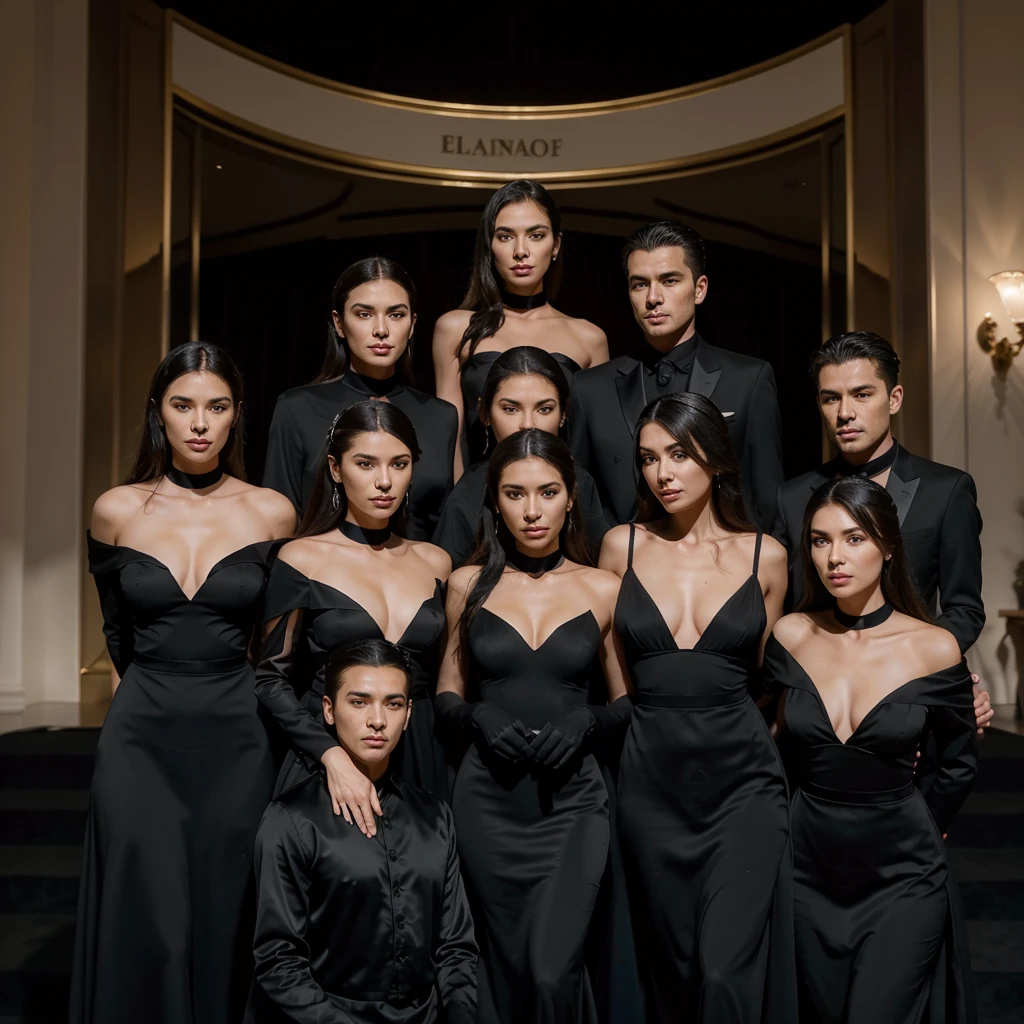 Capture the elegance and sophistication of eight individuals, comprising four men and four women, dressed in black attire. The four men don black tuxedos, while the four women adorn themselves in long black gowns. They stand side by side on the grand opera stage, exuding an air of utmost refinement and poise. Ensure the image is a realistic, ultra HD portrayal of this scene.