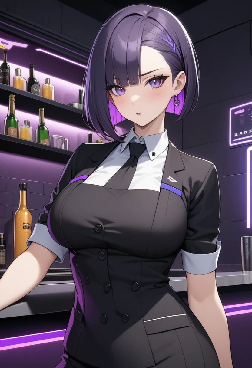 Adult Female, Black purple hair, slanted bob haircut, phlegmatic, perfect purple eyes cyberpunk bar, highly detailed, not looking, bartender, bartender suit