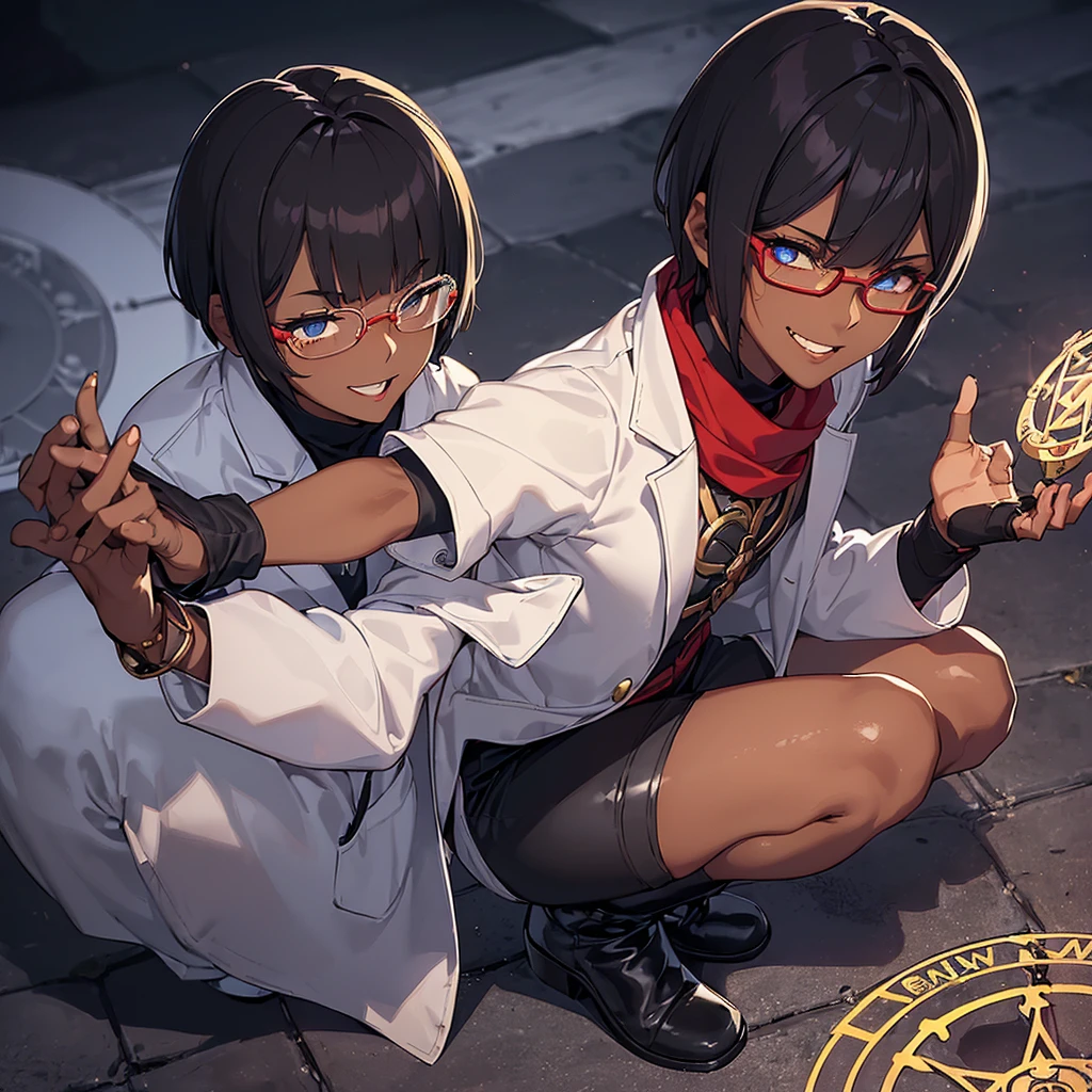 (flat chest), (masterpiece:1.2), highest quality, High resolution, unity 8k wallpaper, (fine and beautiful eyes:1.6), highly detailed face, perfect lighting, Detailed CG, (perfect hands, perfect ???????), (1 boy solo:1.4), 20 years old, black hair, extremely beautiful detailfeminine face and eyes, (evil smile:1.4), detailed eyes, best quality,( dark skin:1.8), (turtleneck shirt under lab coat:1.2), (bike shorts:1.2), extremely detailed, very precise detailed, (glasses:1.3), blunt bangs, open mouth, (very short pixie cut:1.2), boots,fingerless gloves, smile, (half closed eyes:1.3) ,(squat in magic circle on ground) ,night sky,long sidelocks,(long red Scarf),(lab coat),(squatting),(squat:1.3),(one knee dwon:1.5),(Put one foot in front:1.3),(stylish pose:1.4),(Raise only index finger:1.1),(spread arms:1.2),(in magic circle on ground only),(open magic scroll by both hands:1.4),(have magic scroll:1.3)