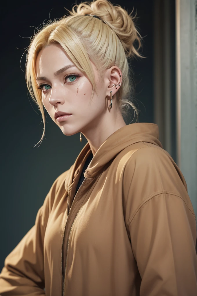 jujutsu kaisen trait character, アニメ, man with light brown skin, greeneyes, blonde hair tied in a bun, with a small x-shaped scar on her cheek and three earrings in her right ear
