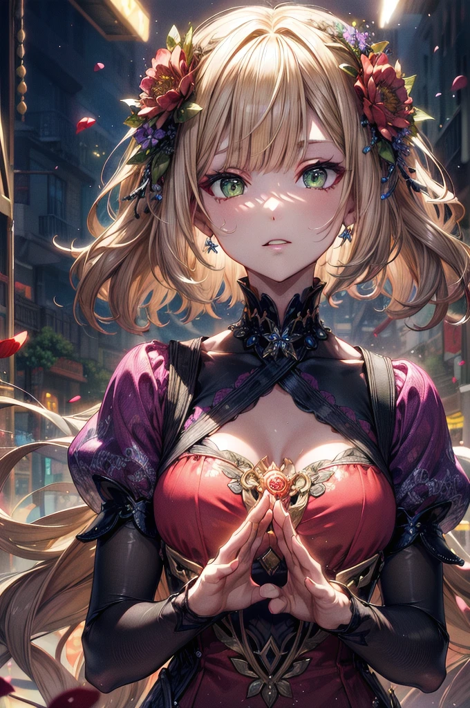 (Absurd, High resolution, Super detailed), One girl, Mature Woman, Wavy blonde hair, Long Hair, Blunt bangs, Green Eyes, Pink Dress, Detailed eyes and face, Highly detailed CG Unity 8k wallpaper, Intricate details, break , Kaleidoscope image, Symmetrical pattern, Vibrant colors, geometric shapes, Captivating Design, Optical illusion, dynamic composition break , Pantomime Art, Expressive body language, Silent Storytelling, Emotional gestures, Visual storytelling, theatrical performances break , Blooming Flowers, Colorful petals, Fragrant Scent, Blessings of Nature, Vibrant Gardens, Serene landscape