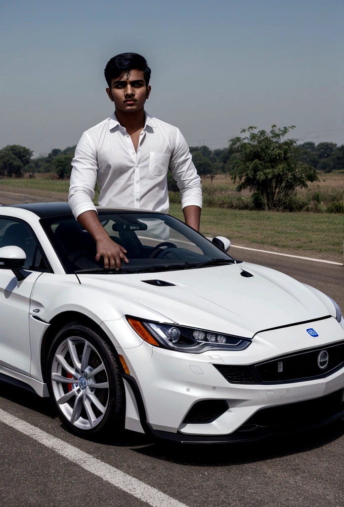 A 18 years old Indian bihari handsome man, white skin, black short hair, wearing white shirt gray pant, stand next to the sport car, motion blur, drop shadow, speed lines, 8k, 16k, 1080P, HD, highres, best quality, award winning, high quality, high details, super detail, anatomically correct