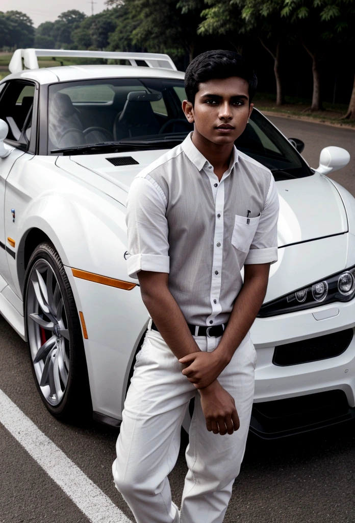 A 18 years old Indian bihari handsome man, white skin, black short hair, wearing white shirt gray pant, stand next to the sport car, motion blur, drop shadow, speed lines, 8k, 16k, 1080P, HD, highres, best quality, award winning, high quality, high details, super detail, anatomically correct
