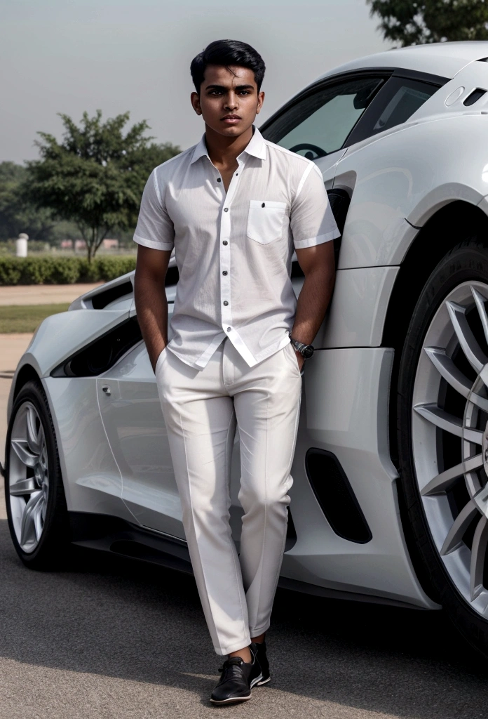 A 18 years old Indian bihari handsome man, white skin, black short hair, wearing white shirt gray pant, stand next to the sport car, motion blur, drop shadow, speed lines, 8k, 16k, 1080P, HD, highres, best quality, award winning, high quality, high details, super detail, anatomically correct