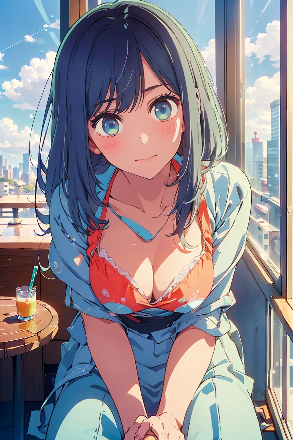 (Highest quality:1.4、8K:1.4、detailed)、F cup bust、Big Breasts、Slim body、Very white beautiful skin、((((1 person、smile、Surprised expression、sit、Chair、In the background are the urban buildings of Tokyo、looking at the camera、Indoor cafe terrace、Navy hair color、Straight Long Hair、juice、Shooting up close、Shooting from an angle、table、Very cute face))))、(((nude、Areola)))、(Touching cheeks with both hands pose:1.4)、Nipples、Very blue sky、A completely cloudless sky