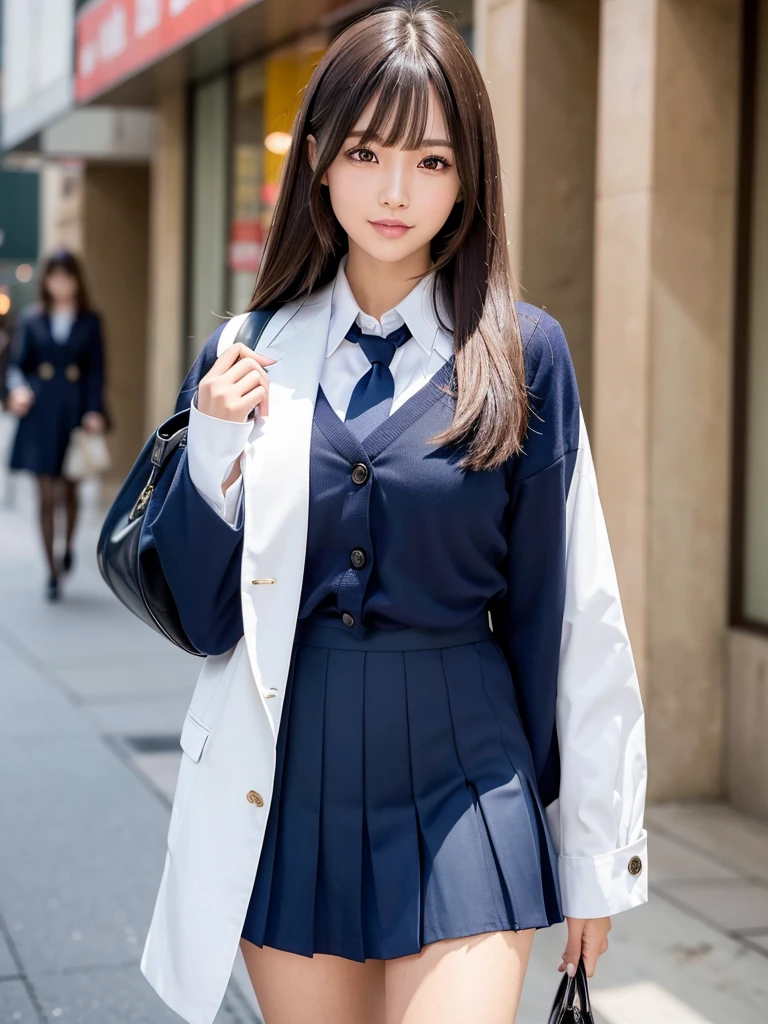 Product quality, 1girl in, upperbody shot, Front view, a Japanese young pretty woman, Long bob hair, Walking on the crowded sidewalks of the city with a big smile, school bag on her shoulder, Glamorous figure, Wearing a dark blue jacket over a white collared shirt、Wearing a shiny satin dark blue plain long tie, wearing a dark blue pleated skirt, hyper cute face, Glossy lips, Double eyelids in both eyes, Natural makeup, long eyelashes, Glossy smooth light brown long bob hair, asymmetrical bangs, skin tanned, central image, High resolution, high detailing, detailed hairstyle, Detailed face, spectacular movie lighting, Octane Rendering, Vibrant, Hyper realistic, Perfect limbs, Perfect Anatomy
