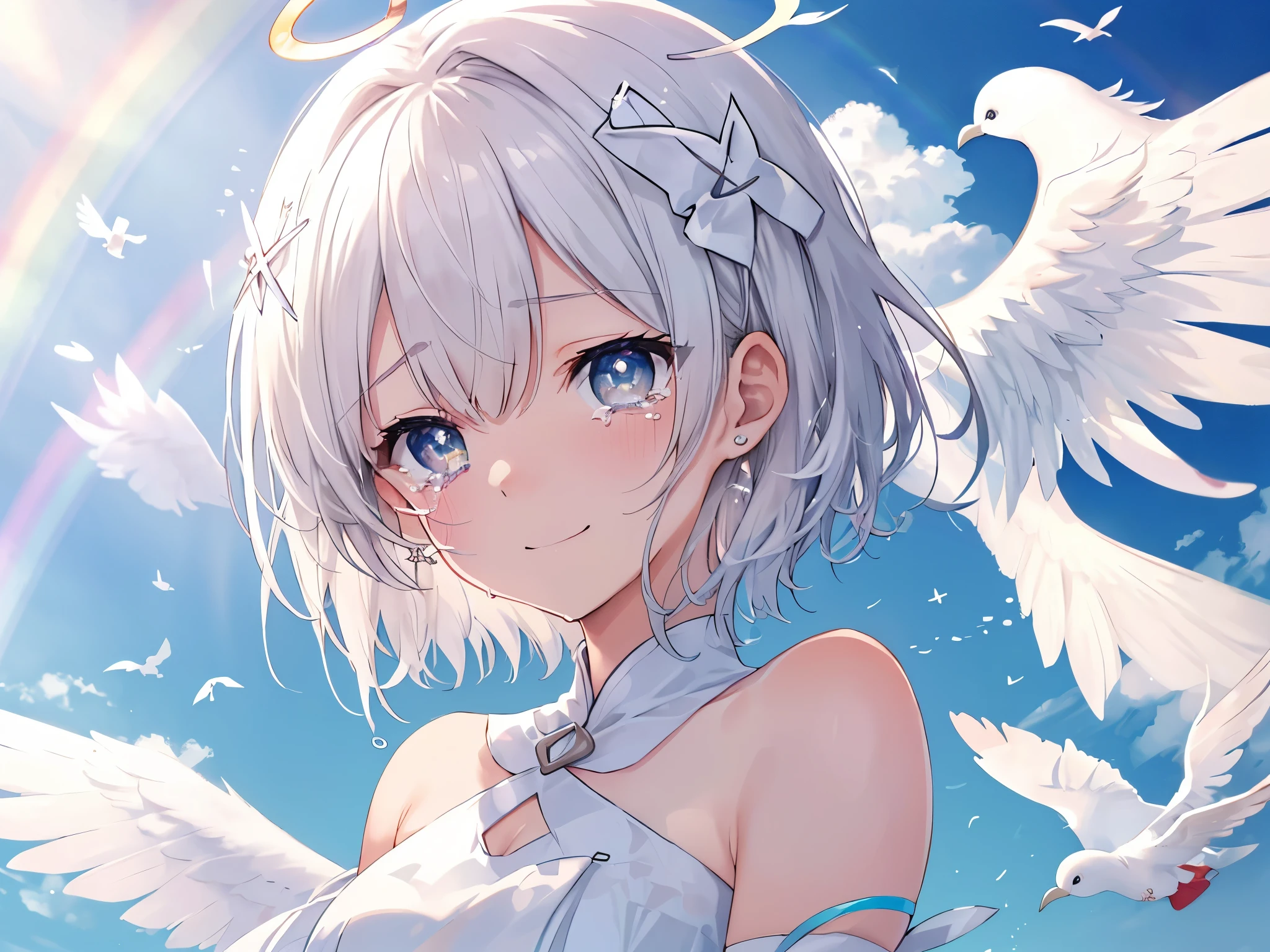 (((Extreme close-up　tears　smile　Low - Angle　Dove of peace　Angel Halo)))　((輝くtears　Rainbow Eyes　Short Hair　Receiving the light　Rainbow light))　(Shining Edge)