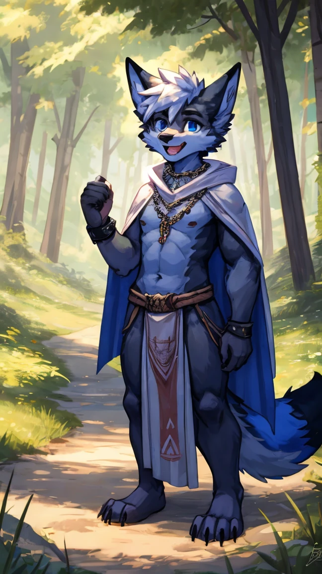 anger,solo,freshmen,young people,white hair, nipples,fox, blue eyes, masterpiece, blue fur, clean face, blue necklace, thick eyebrows, detailed eyes, anthro, claw, white headband,white cape,outdoor,open mouth,looking at viewer,necklace,wrist guard,seaside,white loincloth,trees,full body