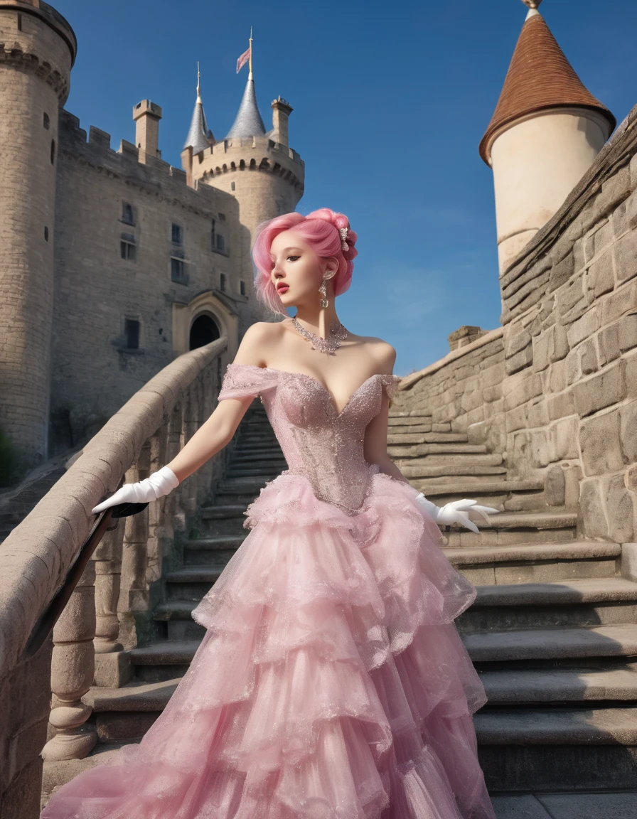 ((masterpiece, Highest quality, Best image quality, High resolution, Realistic, RAW Photos, 8K)), Woman in evening dress, (Long pink hairhair tied back, Jeweled wig, Long gloves, Glass Slipper, Bare shoulders, Bare back), Looking back from halfway up the wide staircase leading to the castle, Look down,far away shot,widea angle taken
