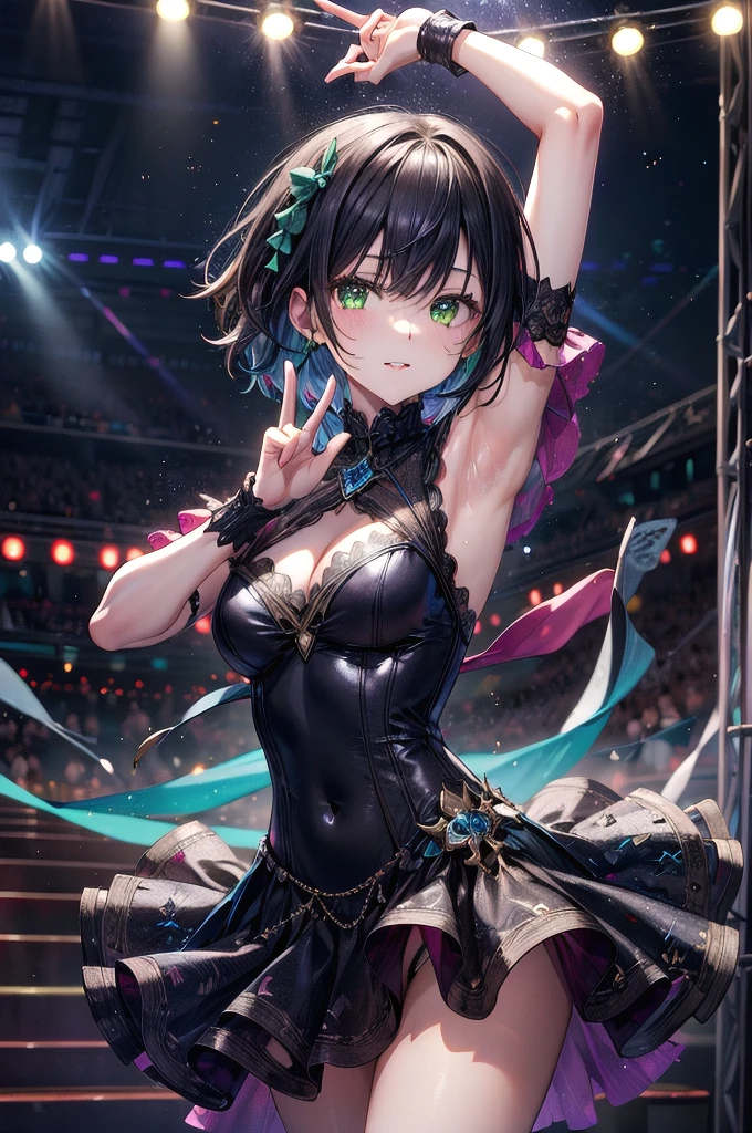 disco,feaver_night,dancing_dress,right_arm_up,black_hair,short_hair,light_green_eyes,beautiful,cute_face,best_qualitygood_anatomy,1_girl,