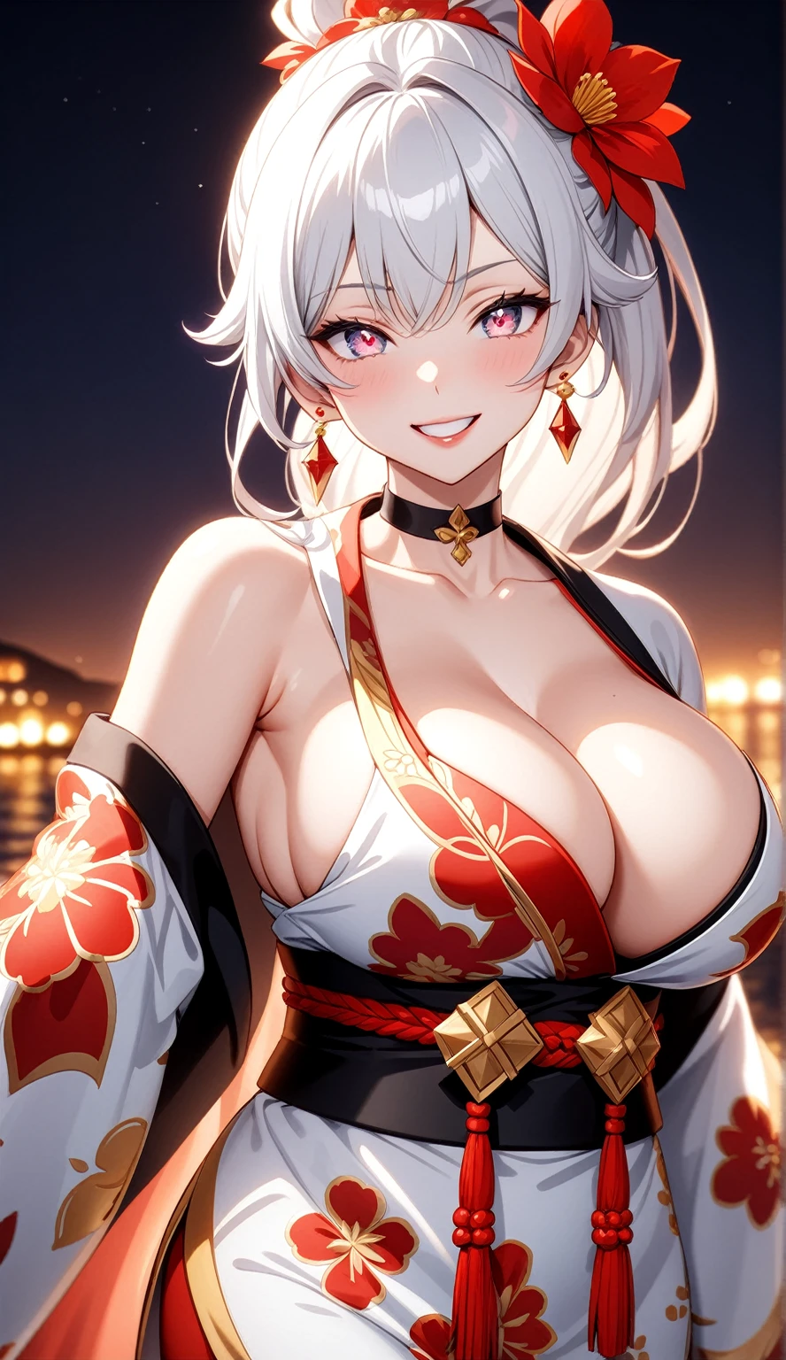 ((One personの女性)), Beautiful Face, ((seductive grin smug)), (head tilt), ((Wink:1.7)), Laugh with your mouth wide open,((Bright red cheeks:1.4)),Shiny red lips,night,coastal,You can see the ocean, firework,Laughing with your mouth open,Glossy pink lips,Facial lighting,((Anime style background)),masterpiece, Highest quality, so beautiful,up to date, Complex details, (Pink long nails), (4fingers and 1thumbs), (ring),(bracelet),(choker),AI-generated, Complex,High resolution, Highest quality, super high quality,3D Images、3D Images,One person,Long white hair,High Ponytail,(blue eyes),Anime woman posing for a photo, ((Fine grain、Silvery white colorful eyes、Shining Eyes:1.3)),(Squint your eyes:1.1),a hyperRealistic , hyperRealistic , Realistic,Anime woman with long white hair, Smooth anime CG art, A woman in a colorful kimono with gold embroidery, (Black long sleeve kimono),Red floral pattern,Long flower hair ornament,Earrings,Mature Body,(Big Breasts:1.1),Tall,Abdominal muscles,Narrow waist,(Zoom up to face:1.5),(front view),
