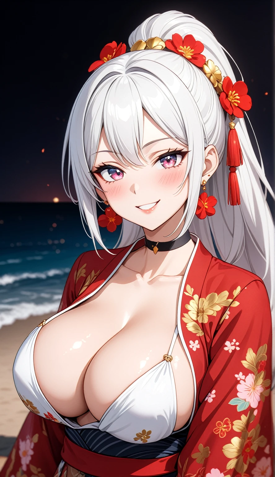 ((One personの女性)), Beautiful Face, ((seductive grin smug)), (head tilt), ((Wink:1.7)), Laugh with your mouth wide open,((Bright red cheeks:1.4)),Shiny red lips,night,coastal,You can see the ocean, firework,Laughing with your mouth open,Glossy pink lips,Facial lighting,((Anime style background)),masterpiece, Highest quality, so beautiful,up to date, Complex details, (Pink long nails), (4fingers and 1thumbs), (ring),(bracelet),(choker),AI-generated, Complex,High resolution, Highest quality, super high quality,3D Images、3D Images,One person,Long white hair,High Ponytail,(blue eyes),Anime woman posing for a photo, ((Fine grain、Silvery white colorful eyes、Shining Eyes:1.3)),(Squint your eyes:1.1),a hyperRealistic , hyperRealistic , Realistic,Anime woman with long white hair, Smooth anime CG art, A woman in a colorful kimono with gold embroidery, (Black long sleeve kimono),Red floral pattern,Long flower hair ornament,Earrings,Mature Body,(Big Breasts:1.1),Tall,Abdominal muscles,Narrow waist,(Zoom up to face:1.5),(front view),