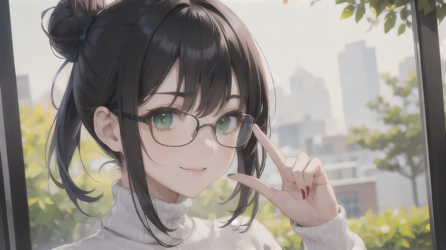Black Hair、Bun Hair、Glasses、One Girl,27 years old,Beautiful Face,Upper Body、Sharp focus,turtleneck、Serious smile、Green Eyes、Sexual