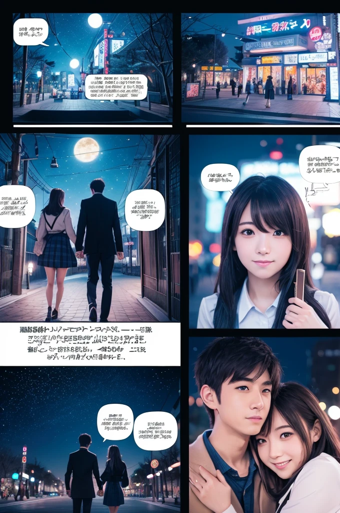 Comic book storyboard:1.8, Comic Strip, Japanese text, The story depicts a high school girl who falls in love with a man in his 20s., anime emoji theme, Night Sky, Beautiful park, text dialog box, japanese anime manga, Hyper HD, 24K Full HD, Anime Style.