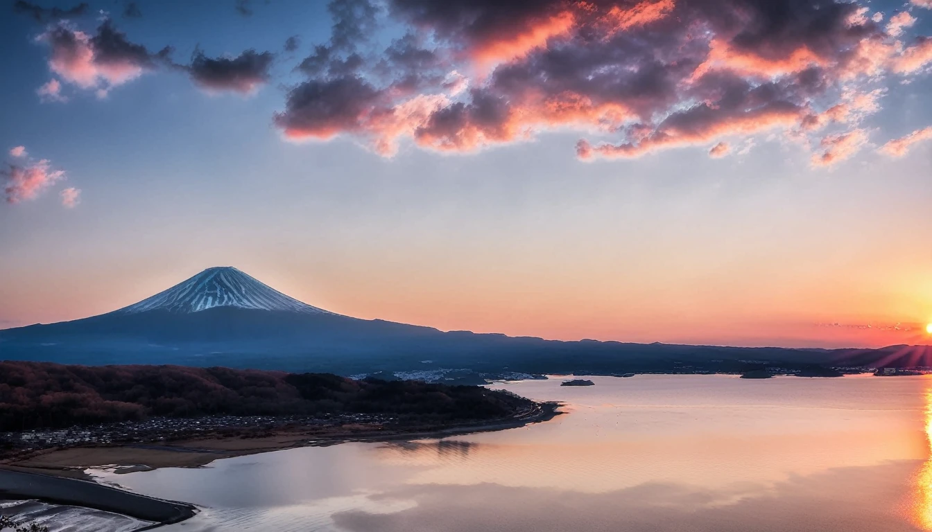 The first sunrise from the foot of Mt. Fuji, realistic, photograph, 