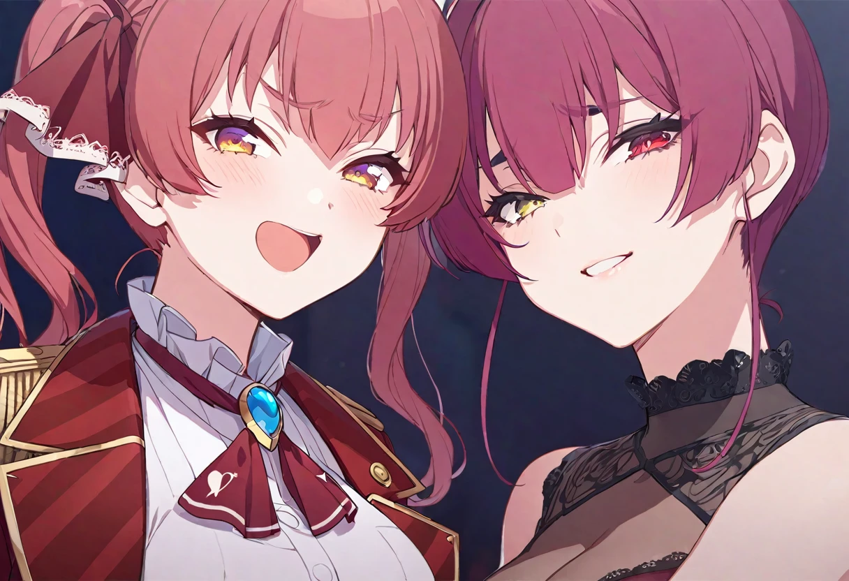 delicate、masterpiece、Highest quality、2 peopleの女の子、2 peopleだけ、2 people、virtual、Aquamarine、cute、(((Houshou Marine,housyou marin,cute、Redhead、Twin tails,distinct eyes,The left eye is yellow and the right eye is red.,Captain's sexy outfit,Haveは無し)))、(((Minato Aqua,minato akua、cute、Light blue and pink hair、低い位置にTwin tails、Curly Hair、ピンクのcute目、Cute sailor maid style outfit、Have)))、White Background、Flat Color、sketch
