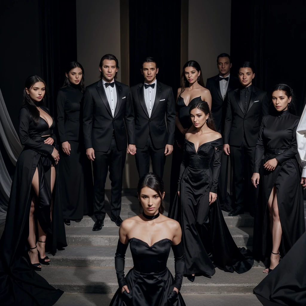 Capture the elegance and sophistication of eight individuals, comprising four men and four women, dressed in black attire. The four men don black tuxedos, while the four women adorn themselves in long black gowns. They stand side by side on the grand opera stage, exuding an air of utmost refinement and poise. Ensure the image is a realistic, ultra HD portrayal of this scene.