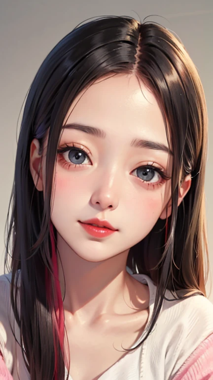 blush a little and smile, (Top quality masterpiece:1.2) Delicate illustrations, Very detailed, /Beautiful Japanese Women、1 person,Very cute and slim、Great style 、((8K images、super high quality))、Very delicate face, Skin and Hair、beautifule forehead、Red lipstick、Long Hair,(((((Gradient Hair))))),Very cute Japanese cut face、Eyes and nose are clearly visible、Kind eyes