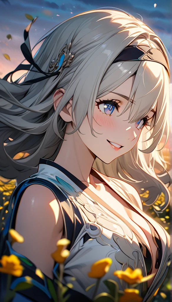 beautiful girl, long grey hair, beautiful face,smiling,close up to hips, beautiful breast, in the middle of flowers field, (open mouth:0.4),illustration,detailed textures(realists),ultra-detailed,portrait style,vivid colors,soft lighting, blushing, mature, hair fluttering, evening light , head band, ((half body)),  cleavages, wearing intricate dress, perky. side profile 