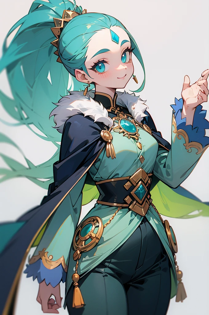 1girl, solo, looking at viewer, cowboy shot, standing, right smile, long hair, ponytail, long sideburns, ((forehead jewel)), hair ornament, (white background), jewelry, (cyan eyes), jewelry earrings, ((emerald hair)), particles, jewelry ornament, pants, long-sleeves, cape, fur trim, (masterpiece), (best quality), (ultra-detailed), (illustration:1.2), (perfect hands:1.4, two legs), perfectly structured, natural proportions, extremely detailed beautiful anime face,