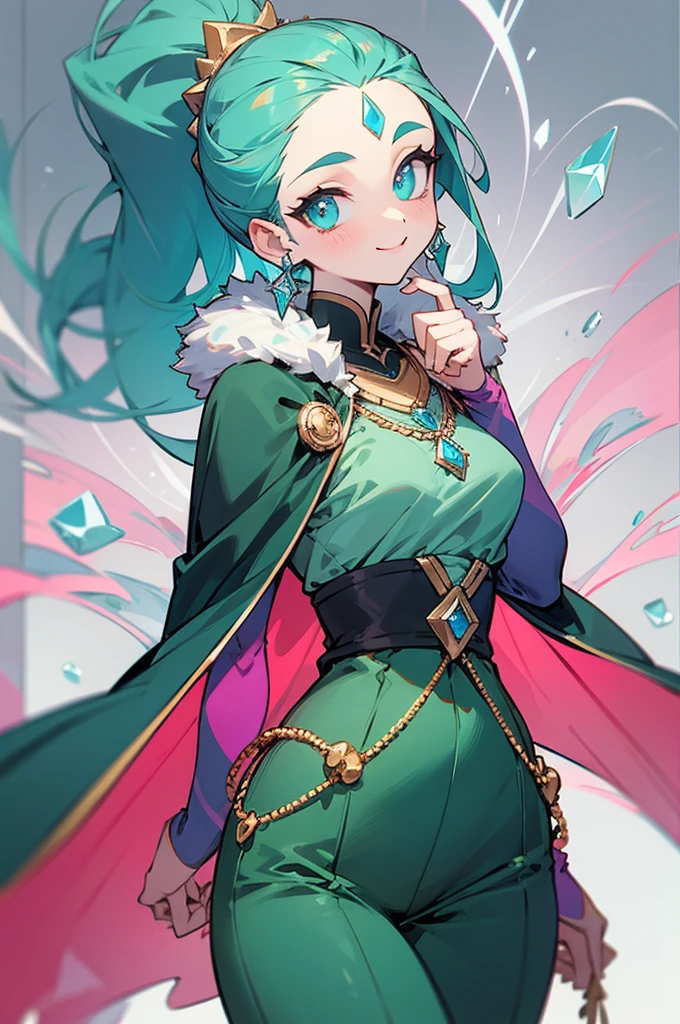 1girl, solo, looking at viewer, cowboy shot, standing, right smile, long hair, ponytail, long sideburns, ((forehead jewel)), hair ornament, (white background), jewelry, (cyan eyes), jewelry earrings, ((emerald hair)), particles, jewelry ornament, pants, long-sleeves, cape, fur trim, (masterpiece), (best quality), (ultra-detailed), (illustration:1.2), (perfect hands:1.4, two legs), perfectly structured, natural proportions, extremely detailed beautiful anime face,