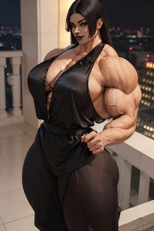 (((((Massive tall, beautiful, buff, light brown skinned muscular woman with black hair, black lipstick, ginormous bulky muscles, beautifully posing and wearing a silk black pajama blouse with black silk pajamas pants))))), close view, massive muscle, massive biceps, hyper muscle shoulders, (massive muscle arms), vascular shoulders, hyper muscle triceps, (long straight hair), orange eyes, choker, slippers, (in a hotel balcony), confidant smile, night, hyper vascular arm, hyper muscles arms, hyper muscle legs, (massive arms).
