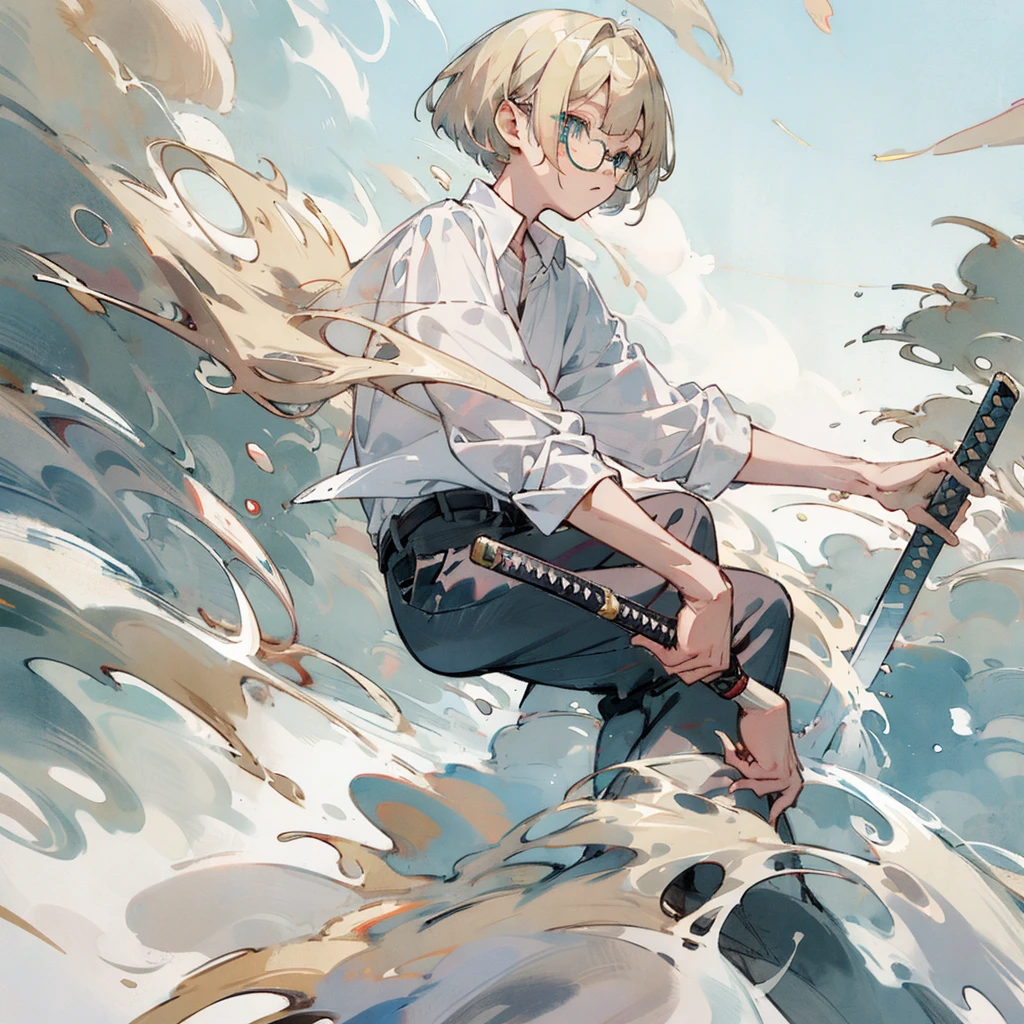 boy, blond, bob hairstyle, turquoise eyes, White shirt, black trousers, yellow round glasses, belted katana