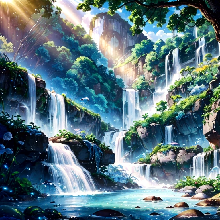 { Clear Stream, river, Summer vacation, , Colander, vegetables, Splash, Lush tree々, Blue sky, White cloud, sunlight }, ( Digital interface, Futuristic Technology, Water Drop, 光るvegetables, Fusion of nature and technology, Water Fairy, Mindfulness ), [ Photorealistic, Art Station Quality, High resolution, Detailed texture, 8K, Concept Art, Instagram Post ]