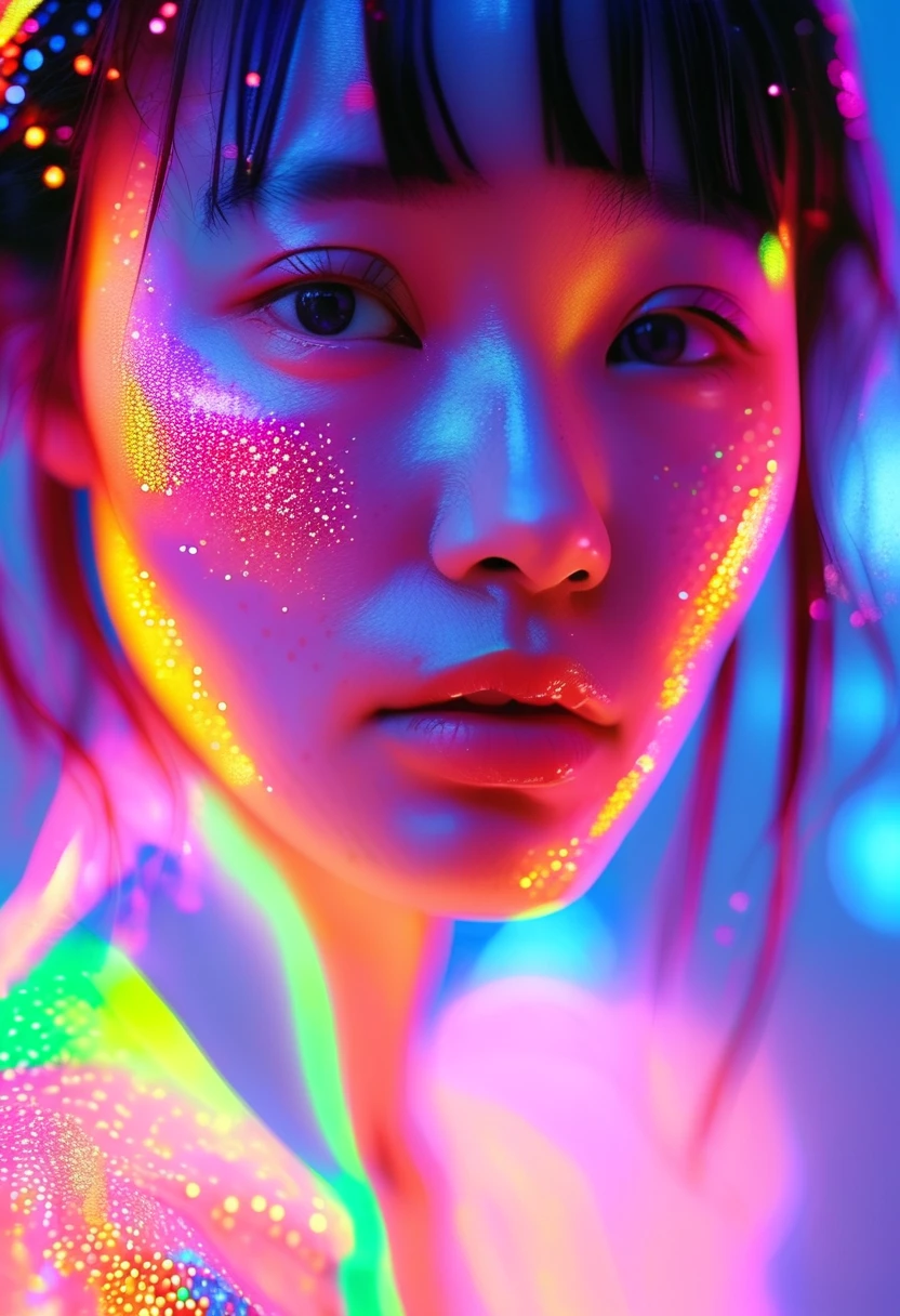 full portrait unique photography with light and painting. Using colorful Fluorescent materials to form pointillism that are implemented on the pretty japanese women face with dynamic pose. Phosphorescent materials store light and release it slowly. Futuristic Glass room, glow in the dark, prism rainbow lensflare effect, macro portrait shot, Ultra highly detailed, skin texture, neon glow backround, Realistic Portrait by Arnau Mas