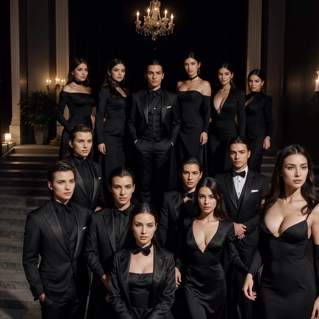 Capture the elegance and sophistication of eight individuals, comprising four men and four women, dressed in black attire. The four men don black tuxedos, while the four women adorn themselves in long black gowns. They stand side by side on the grand opera stage, exuding an air of utmost refinement and poise. Ensure the image is a realistic, ultra HD portrayal of this scene.