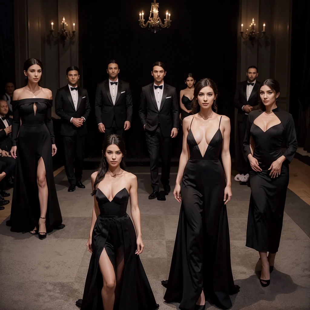 Capture the elegance and sophistication of eight individuals, comprising four men and four women, dressed in black attire. The four men don black tuxedos, while the four women adorn themselves in long black gowns. They stand side by side on the grand opera stage, exuding an air of utmost refinement and poise. Ensure the image is a realistic, ultra HD portrayal of this scene.