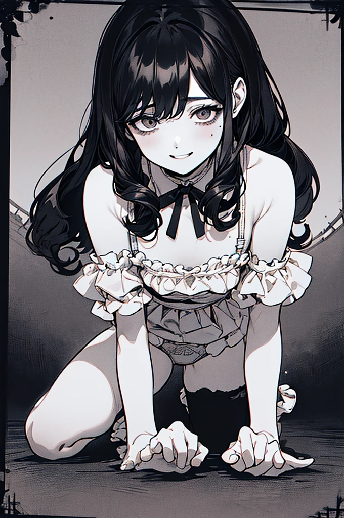 Top quality, (background detail), curly eyes, on all fours, full body, twin tails, looking down, (underwear), high contrast, super beautiful, detailed original illustration, sensual, delicate face, charm point, bad boy, sexy, looking at camera, real bust, stalker, crazy smile, White, bloody, black hair, beautiful line drawing