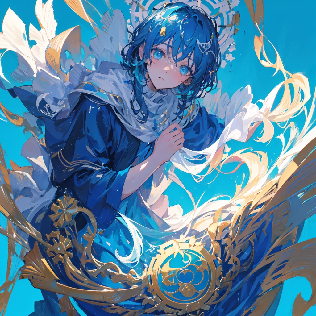 Gods,A boy,Control the water element,((Solid blue background))