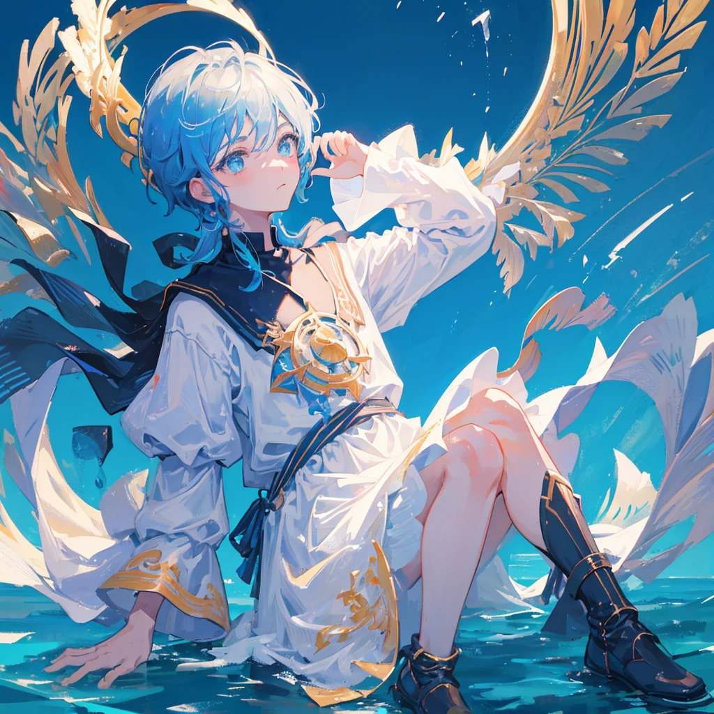 Gods,A boy,Control the water element,((Solid blue background))