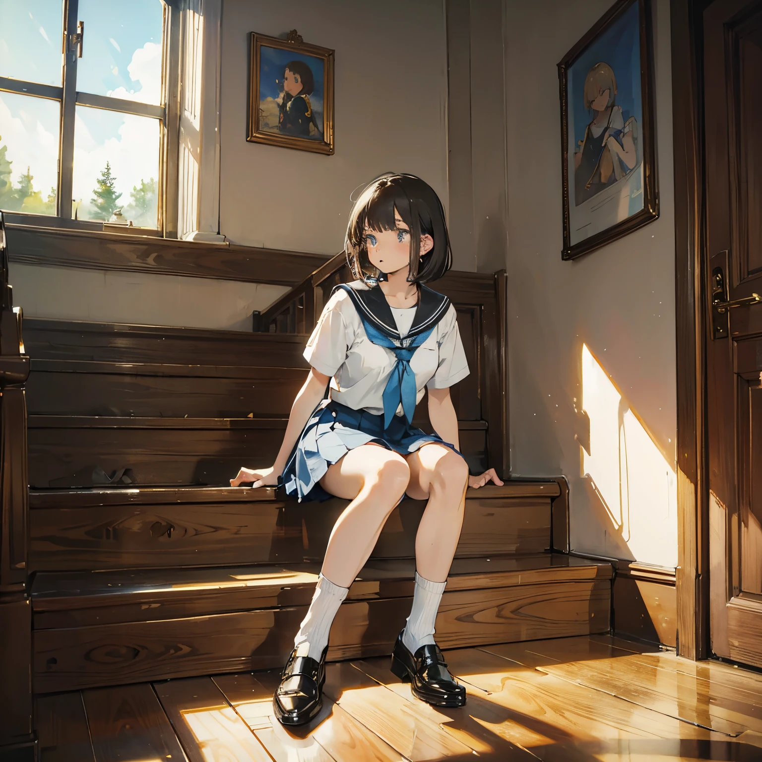( High resolution, Very detailed),((masterpiece)), ((Highest quality:1.1)), High resolution, 8K, (White Crew Socks:1.1), (White ribbed socks:1.2), White socks, Toes under socks, mini skirt,Sitting on the school steps, indoor, Highest quality, 超High resolution, Perfect Anatomy, masterpiece, Highest quality, (SFW:1.5), (One girl:1.5), Sexy Woman, Natural Eyes, girl, Short and delicate hair, The body is slim, Muscular, Beautiful thighs, Untanned skin, Looking up at the viewer, She can see clearly, Sitting, Spread your legs wide,