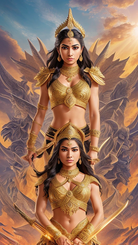 She stands as a fierce warrior goddess, her golden skin glowing with divine light. Her long, black hair flows freely, framing a face of intense determination. Her large, molten gold eyes blaze with controlled fury, brows furrowed, and lips slightly parted to reveal clenched teeth. Her expression is one of righteous anger, ready to confront and vanquish evil.

Adorned with an ornate crown set with jewels, she exudes regal authority. She wears a resplendent sari of white and red, symbolizing purity and valor, with shimmering gold embroidery. Golden bracelets and armlets decorate her multiple arms, each holding a weapon or symbol of power: a trident, discus, conch shell, lotus flower, bow, and sword, showcasing her readiness to protect and destroy evil from all directions.

She stands on a pedestal of lotus flowers, symbolizing purity and divine birth, surrounded by majestic lions that mirror her fierce strength. The background features a celestial sky with soft clouds and hints of lush greenery, indicating her divine connection to both heavens and earth.

Her overall presence blends beauty, strength, and divinity. Her angry expression, combined with her powerful stance and divine weapons, portrays her as a formidable force against evil, embodying ultimate power, justice, and protection.