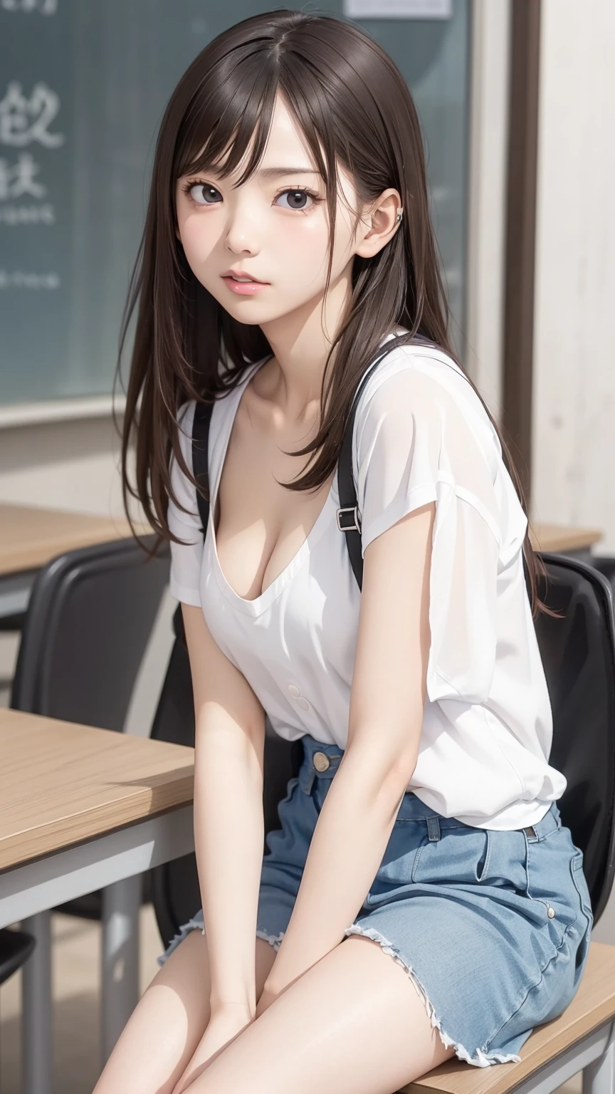 8K quality、High resolution、Beautiful fair skin texture、High resolutionの瞳、Japanese high school girls、Summer uniform、Open-neck short-sleeved white shirt、Cleavage、mini skirt、Brown Princess Hair、、Small breasts、Sweat accumulates in the chest、classroom