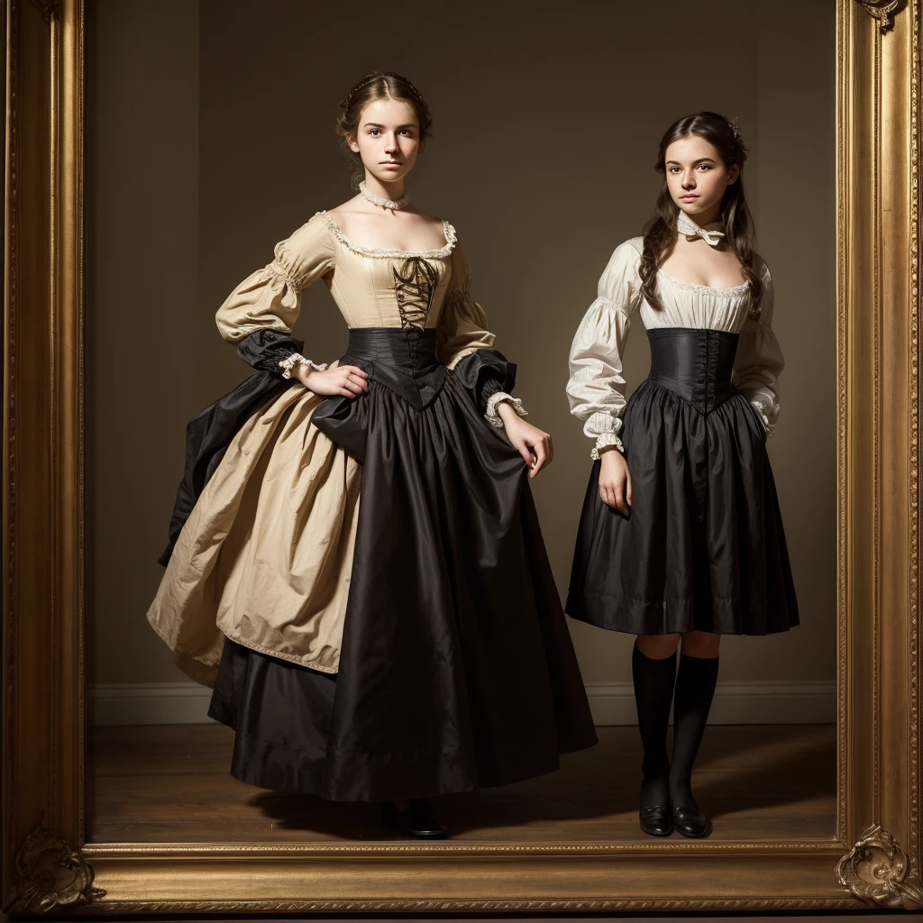 (Best quality, masterpiece:1.2), portrait from the knees of a slender, very beautiful age girl, standing, in late 18th century underwear, Dwayne Bryers style