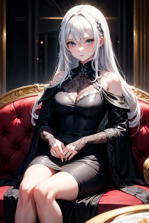 Make a woman with white hair in a black dress sitting on a sofa next to her 5-year-old son. The child&#39;s hair color is white., the boy is wearing a black jacket, black pants and black shoes.