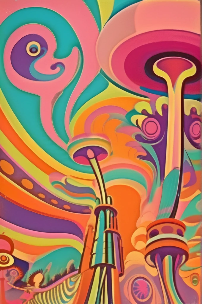 Victor Moscoso Style - 1960's psychedelic murshoorms in pastel color tones