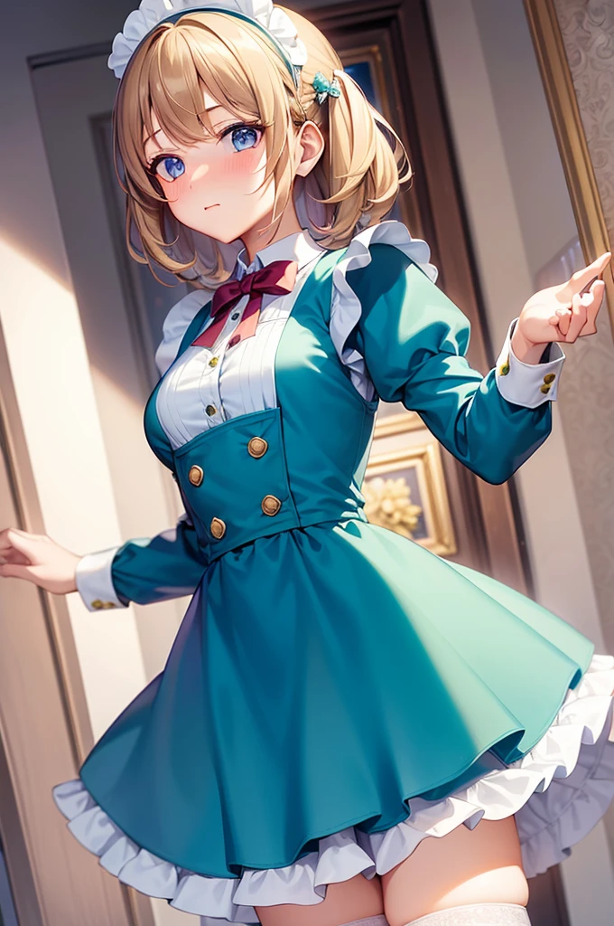 masterpiece, best quality,1girl, solo,whtie hair,medium hair,blue eyes,long sleeves,juliet sleeves,apron,maid,maid headdress,puffy sleeves,green dress,vest,buttons, white thighhighs,standing, looking at viewer, nose blush, holding fluffy towel,