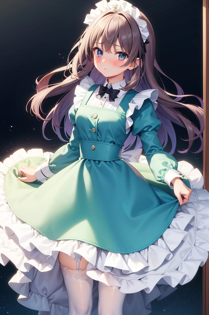 masterpiece, best quality,1girl, solo,whtie hair,medium hair,blue eyes,long sleeves,juliet sleeves,apron,maid,maid headdress,puffy sleeves,green dress,vest,buttons, white thighhighs,standing, looking at viewer, nose blush, holding fluffy towel,