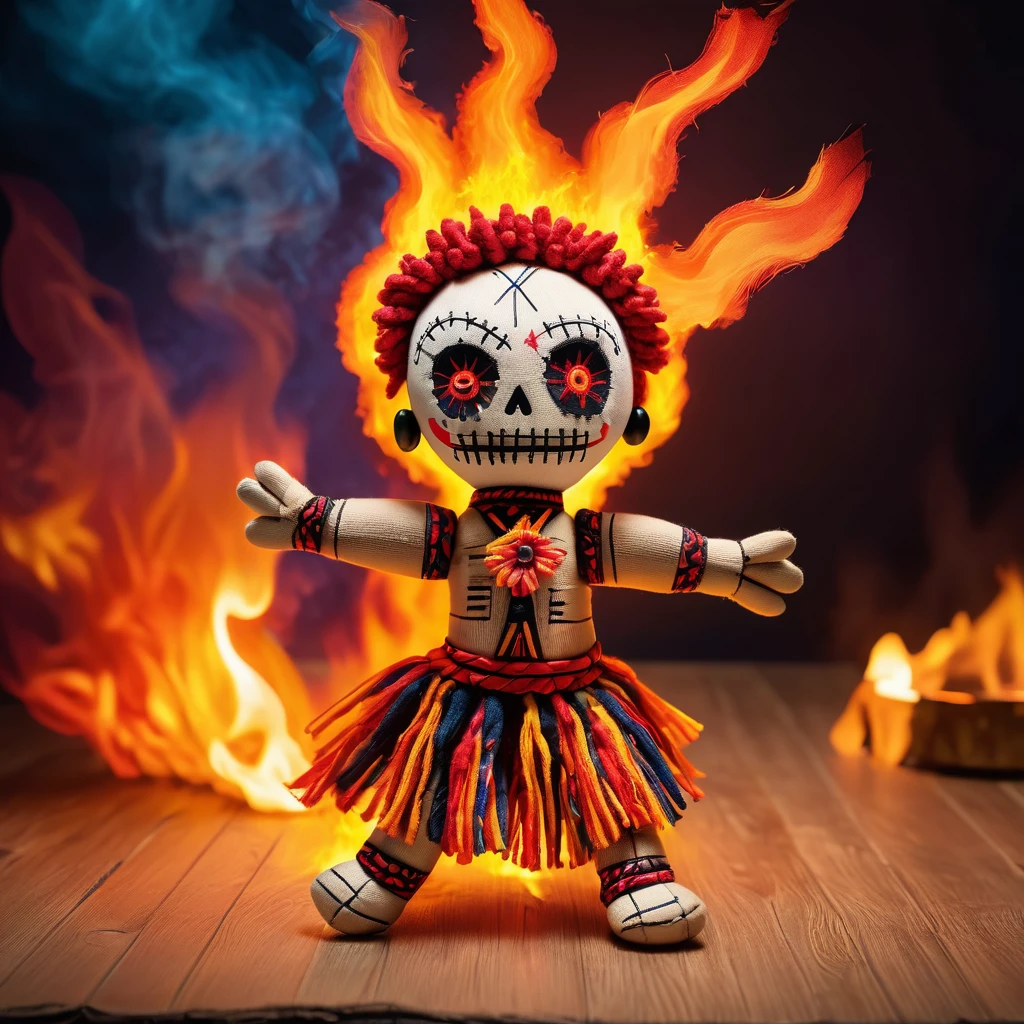 (knitted toy voodoo doll:1.6), (Voodoo Dancer with Fire:1.3), (Clothing bright suit with fire patterns and flowing material:1.0), (in the background a tribal dance ritual with fires and drums:1.3), best quality, masterpiece, detailed soft oil painting, detailed background, dramatic cinematic lighting, soft edge lighting, professional, dramatic lighting, hard edge lighting, ultra quality, 4k, masterpiece, best quality, 8k, ultra high definition, high resolution, extremely detailed