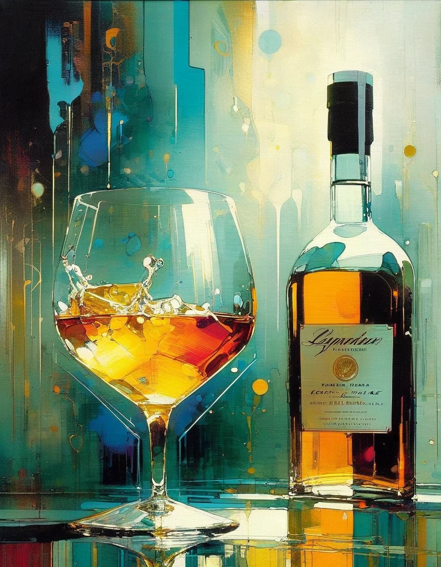 luxurious glass of liquor (art inspired in Bill Sienkiewicz). oil painting)
