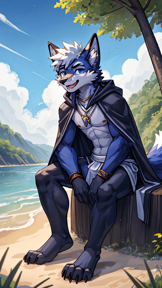 teenanger,solo,freshmen,young people,white hair, nipples，fox, blue eyes, masterpiece, blue fur, clean face, blue necklace, thick eyebrows, detailed eyes, anthro, claw, white headband,white cape，outdoor,open mouth,looking at viewer,necklace,wrist guard,seaside,white loincloth，trees,full body,sit