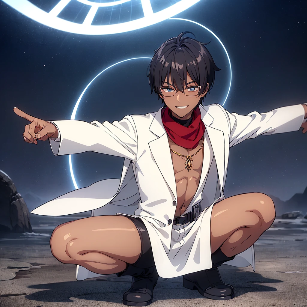 (flat chest), (masterpiece:1.2), highest quality, High resolution, unity 8k wallpaper, (fine and beautiful eyes:1.6), highly detailed face, perfect lighting, Detailed CG, (perfect hands, perfect anatomy), (1 boy solo:1.4), 20 years old, black hair, extremely beautiful detailfeminine face and eyes, (evil smile:1.4), detailed eyes, best quality,( dark skin:1.8), (turtleneck shirt under lab coat:1.2), (bike shorts:1.2), extremely detailed, very precise detailed, (glasses:1.3), blunt bangs, open mouth, (very short pixie cut:1.2), boots,fingerless gloves, smile, (half closed eyes:1.3) ,(squat in magic circle on ground) ,night sky,long sidelocks,(long red Scarf),(lab coat),(squatting),(squat:1.3),(one knee dwon:1.5),(Put one foot in front:1.3),(stylish pose:1.4),(Raise only index finger:1.1),(spread arms:1.2),(in magic circle on ground only),(open magic scroll by both hands:1.4),(have magic scroll:1.3)