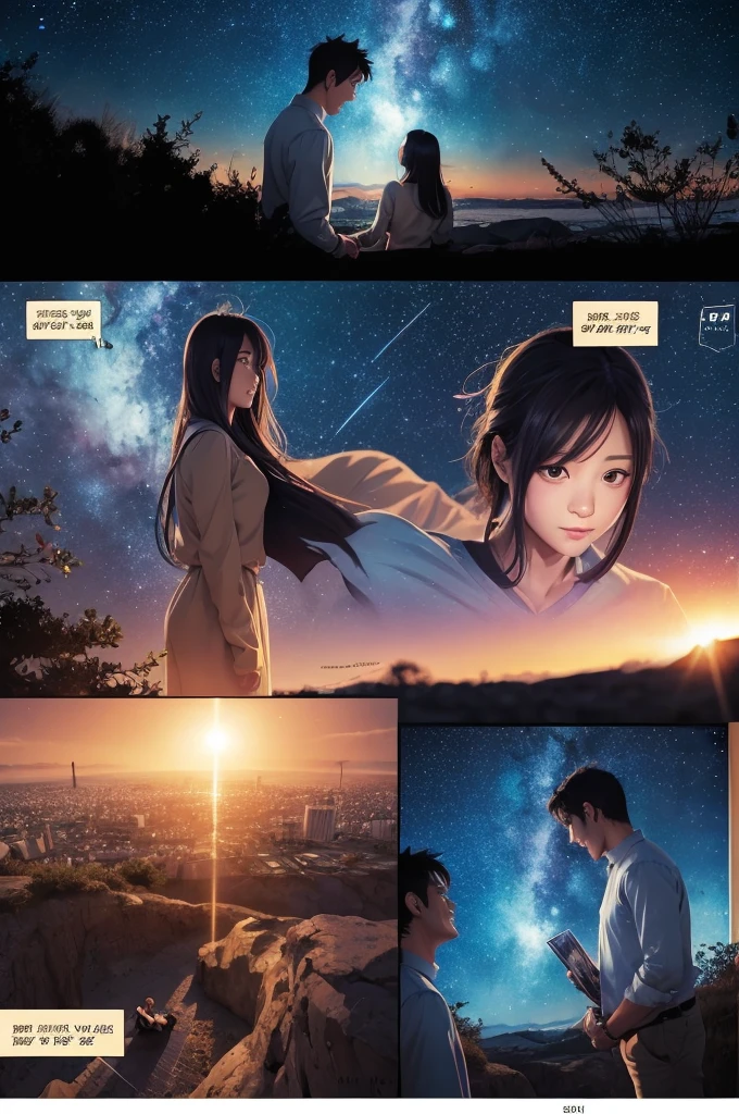 Comic book storyboard:1.8, Comic Strip, English text, The story depicts a woman falling in love with a man in his 30s., anime emoji theme, Night Sky, beautiful fireflies, text dialog box, Draw the cover of this article, japanese anime manga, Hyper HD, 24K Full HD, Anime Style.