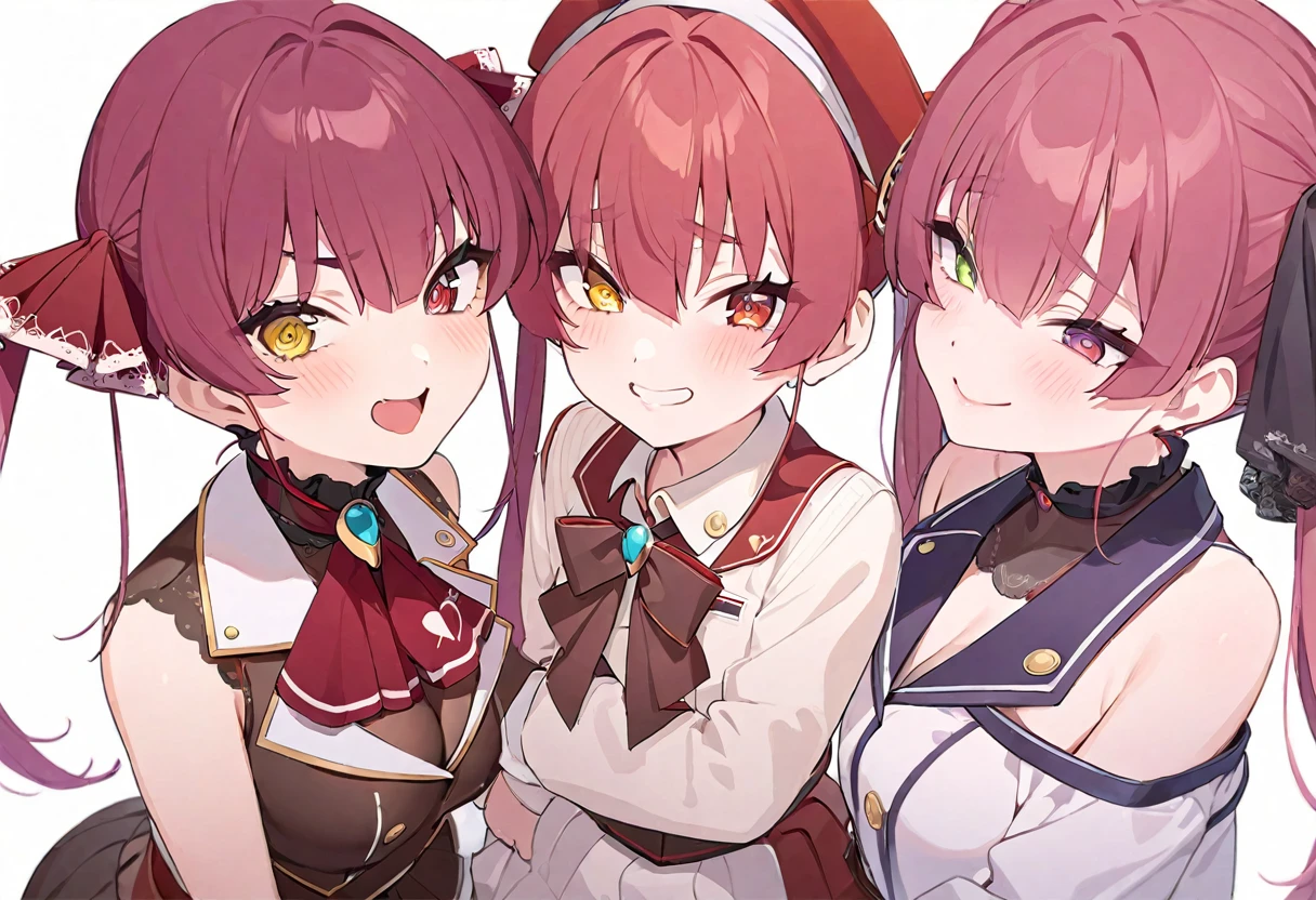 delicate、masterpiece、Highest quality、2 peopleの女の子、2 peopleだけ、2 people、virtual、Aquamarine、cute、(((Houshou Marine,cute、Redhead、Twin tails,distinct eyes,The left eye is yellow and the right eye is red.,Captain's sexy outfit,Haveは無し)))、(((minato akua、cute、Light blue and pink hair、低い位置にTwin tails、Curly Hair、ピンクのcute目、Cute sailor maid style outfit、Have)))、White Background、Flat Color、sketch